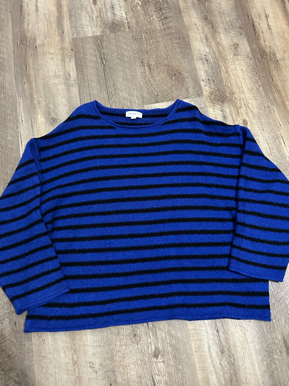 Promesa Royal Blue and Black Striped Crewneck Drop Shoulder Sweater